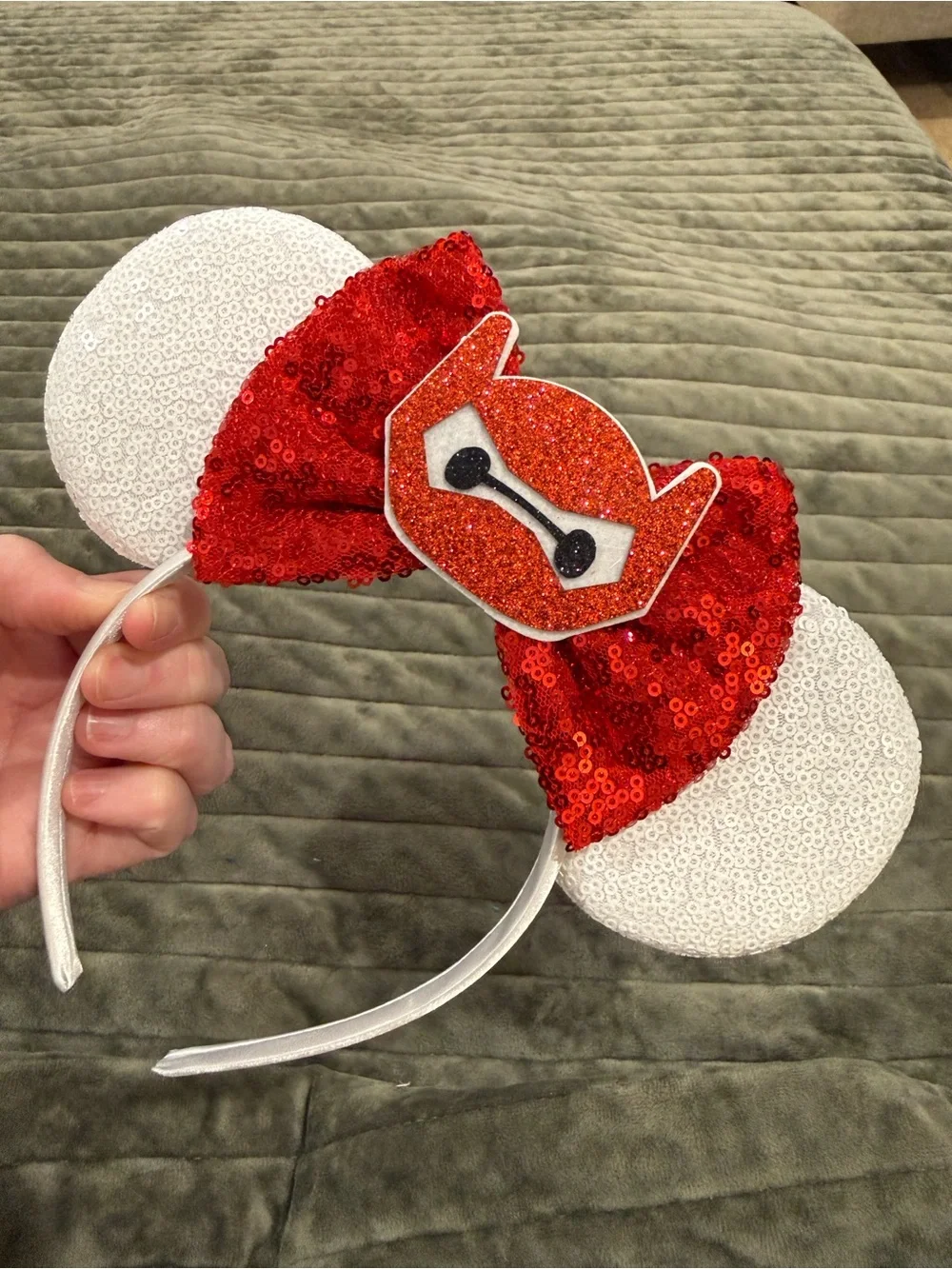 Sparkling Baymax Big Hero 6 Red Bow Mouse Ears Headband with White Sequin Ears